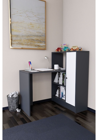 Drithe Modern Dolaplı Kitaplıklı Çalışma Masası Antrasit-beyaz Antrasit - Beyaz