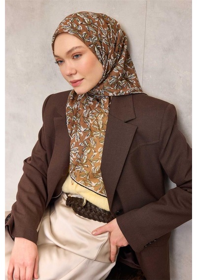 Silk Home Pamuk Polyester Soft Eşarp Hardal Ton Çiçek Desenli Kaymaz Dokulu 90x90 Çok Renkli