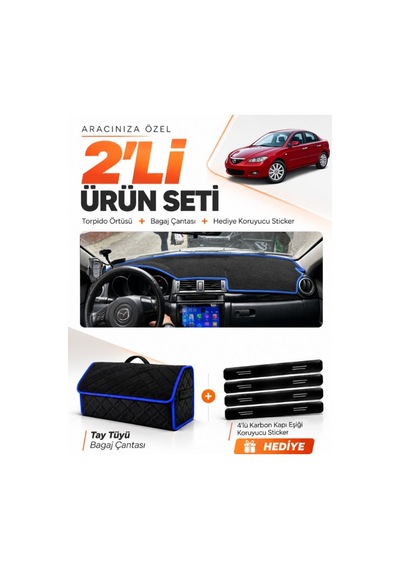 E-biz Mazda 3 2003-2009 Uyumlu Torpido Örtüsü + Tay Tüyü Bagaj Çantası Seti - Siyah-mavi - Ma001