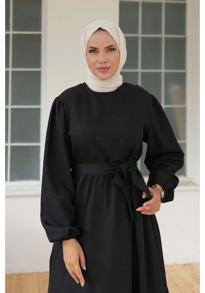 Defymoda Kadın Uzun Kol Bisiklet Yaka Belden Bağlamalı Elbise Siyah Defymoda Kadın Uzun Kol Bisiklet Yaka Belden Bağlamalı Elbise Siyah