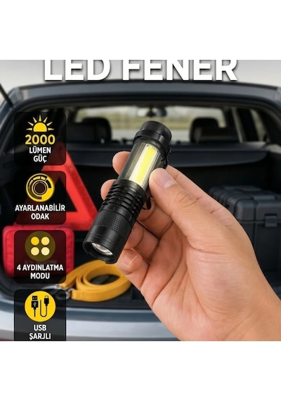 Ayarlanabilir Odaklı Şarjlı Led El Feneri 2000lm 4 Modlu Alüminyum Gövde