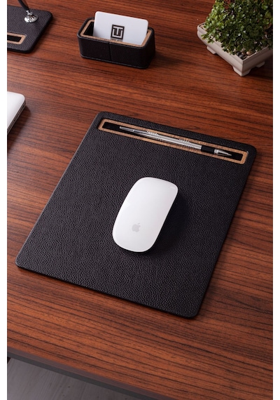 Turgut Office Deri Mousepad Siyah Ahşap Detaylı