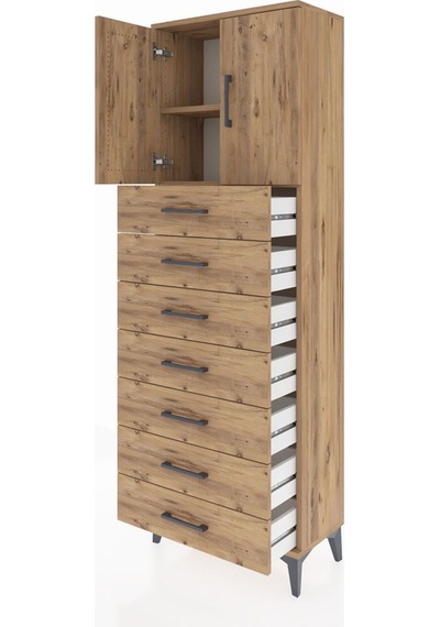 Arges Dolap 2 Raflı 7 Çekmeceli 2 Kapaklı 60x30x182 Çam-çam Çam