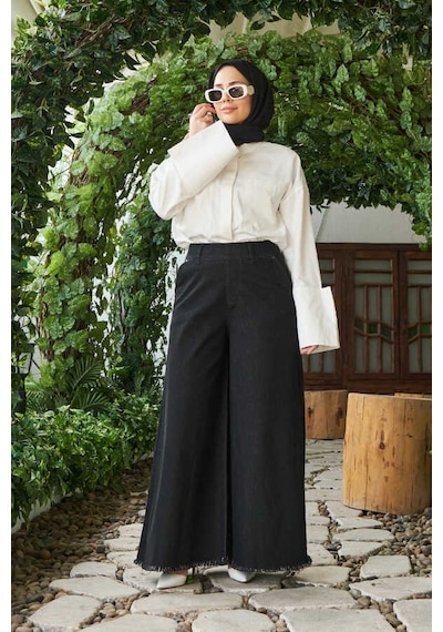 1153-denim Püsküllü Pantolon Etek Siyah Siyah