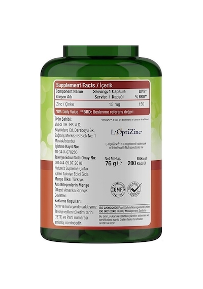 Natures Supreme Zinc 15 Mg 200 Kapsül Aromasiz