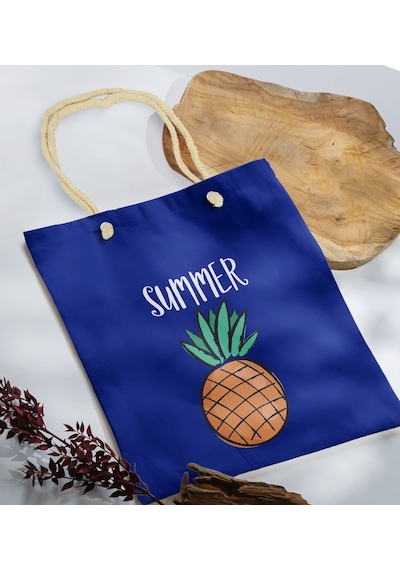 Bk Gift Yaz Temalı Saks Mavi Halat Saplı Kumaş Plaj Çantası -4, Baskılı Omuz Çantası, Alışveriş Çantası, Arkadaşa Hediye, Sevgiliye Hediye Haki