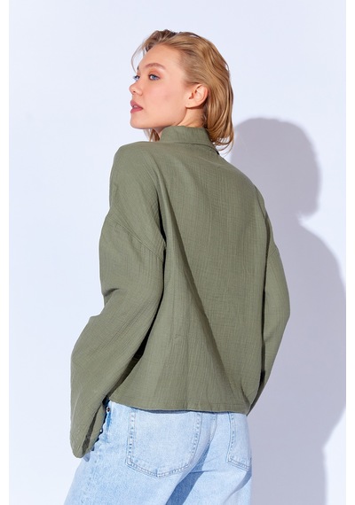 Manche Haki Kolları Salaş Yıkamalı Müslin Oversize Rahat Kalıp Kadın Basic Gömlek Mks166881-01 Manche Haki Kolları Salaş Yıkamalı Müslin Oversize Rahat Kalıp Kadın Basic Gömlek Mks166881-01