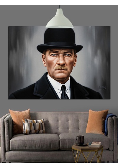 Şapkalı, Mustafa Kemal Atatürk Portresi Dekoratif Kanvas - Mdf Ahşap Tablo