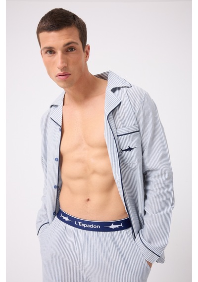 L'espadon Marısılk Seastrıpe Premium Dokuma Uzun Kollu Uzun Paçalı Erkek Pijama Takımı-3321 Mavi