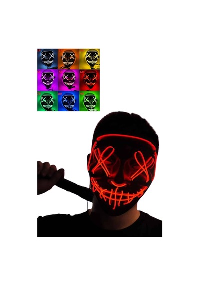 Led - 398 - Işıklı Neon Maske Cadılar Bayramı Maskesi Korkunç - Csmo-tex - Korku Maskesi