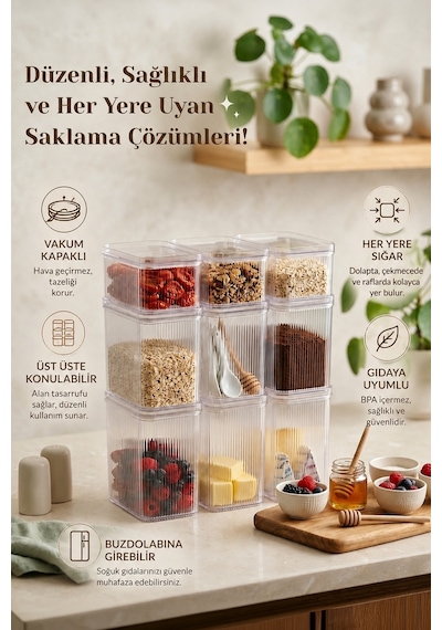 9'lu Etiketli Vakumlu Dikdörtgen Kavanoz Seti 3x2,7lt-3x1,6lt-3x900ml Şeffaf