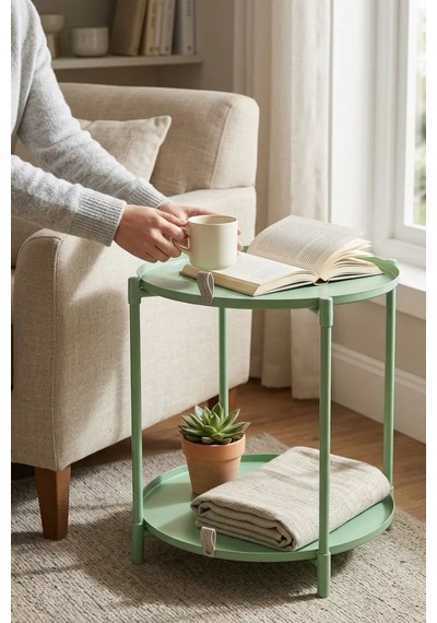Çift Tepsili Katlanır Orta Yan Yuvarlak Sehpa Metal Ayak - Modern Sehpa 50cm 44 Cm Tepsi Deri Kulplu Mint Yeşili