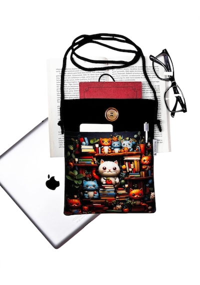 Askılı - Kitap/tablet/ebook Çantası Çıkarılabilir Askı Kediler Siyah