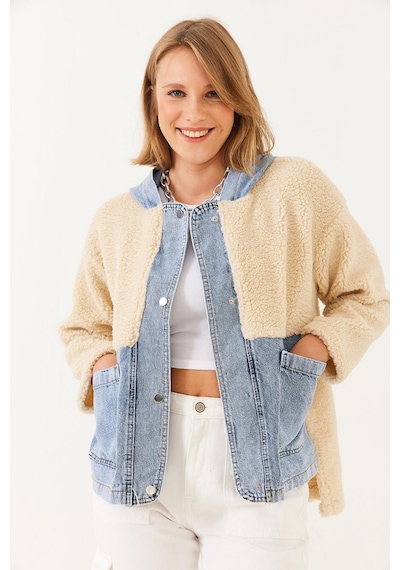 Shade Kadın Kapüşonlu Denim Detaylı Peluş Ceket 60251807 - Bej