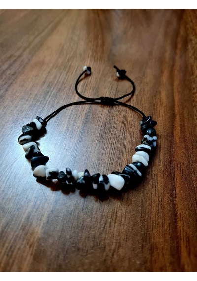 Gümüştel El Sanatları Sertifikalı Doğal Kırık Taş Panda Jasper Taşı Bileklik Asansörlü Kilit Sistemi Siyah Beyaz