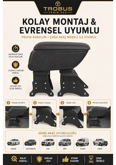 Trobus Ford Focus 3 2011-2018 Uyumlu Siyah Ayaklı Sürgülü Kolçak Ayarlanabilir Yükseklikli