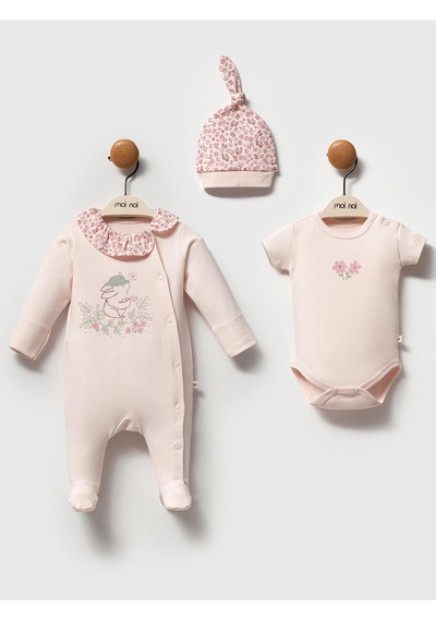 Moi Noi Baby Moi Noi 3lü Şapkalı Baskılı 0-3 Ay Tulum - Pembe