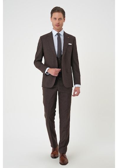 Efor Slim Fit Çift Yırtmaç Keten Karışımlı Yelekli Klasik Kahve Takım Elbise Tk 914 Kahverengi Efor Slim Fit Çift Yırtmaç Keten Karışımlı Yelekli Klasik Kahve Takım Elbise Tk 914 Kahverengi