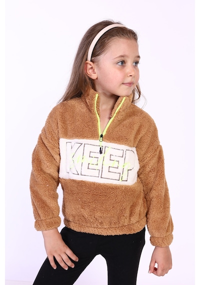 Toontoy Kids Toontoy Kız Çocuk Nakışlı Peluş Sweatshirt Kahverengi