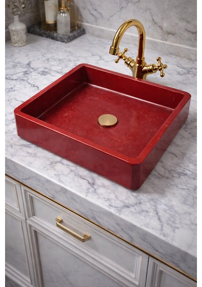 Mermer Desenli Tezgah Üstü Kare Model Taş Lavabo 45 X 45 Cm Bordo