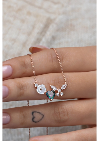 925 Ayar Gümüş Manolya Çiçeği Mistik Topaz Taşlı Kalp Yusufcuk Kolye Rose Gold