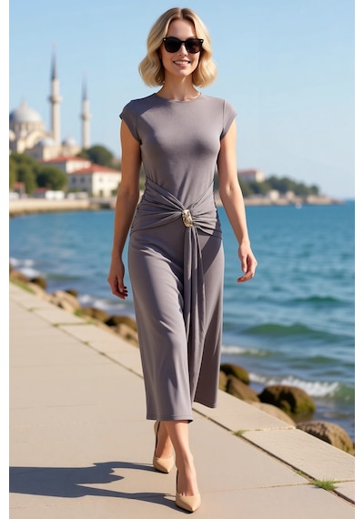 Benerly Kadın Kolsuz Bisiklet Yaka Midi Elbise Aksesuar Detaylı Bodycon K Antrasit