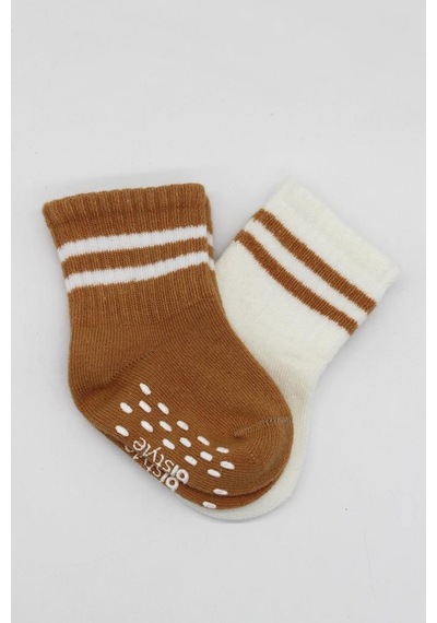 Akıllı Bayi 2'li Çemberli Kaymaz Soket Çorap 10125 Ekru Hardal renkli