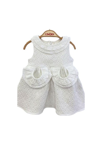 Çikoby Kız Bebek Cep Yaka Fırfırlı Beyaz Elbise-13881 Beyaz