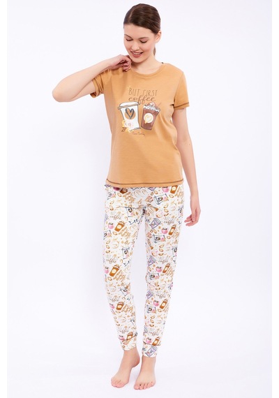Pierre Cardin But First Coffee Camel Kadın Pijama Takımı 5274-29062 Camel