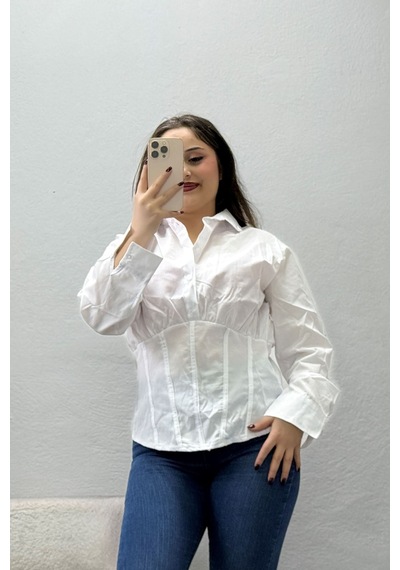 Belendir Kadın Poplin Korse Detaylı Gömlek Beyaz