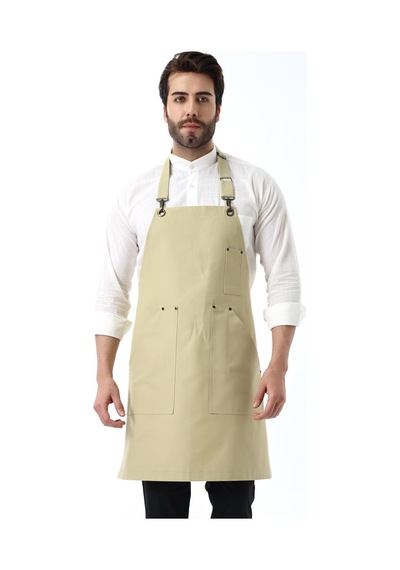 Barista Boyundan Askılı Önlük Kanguru Cepli - Bej-12187 Bej