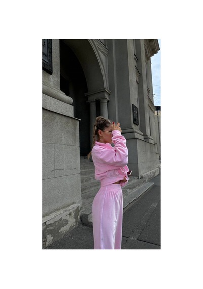 Mayrem Kadın Biyeli Oversize Kadife Eşofman Takım Pembe