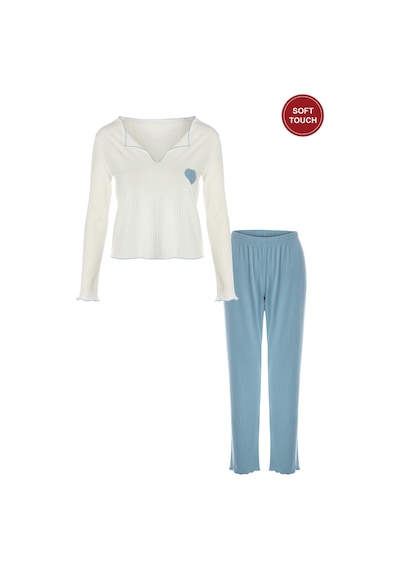 Kadın Soft Touch Fitilli Kalp Detaylı Uzun Kollu Pijama Takımı Kk70640 Ekru - Mavi