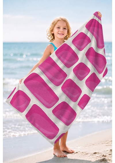 Geometrik Soyut Pembe Plaj Havlusu - Modern Minimalist Fuşya Beyaz Hızlı Kuruyan Mikrofiber Havlu Çiy Kıyısı