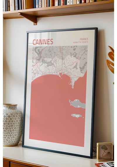 Cannes Fransa France Haritası Çerçeveli Tablo Lüks Salon Ofis Duvar Dekorasyonu Hediyelik Tablo