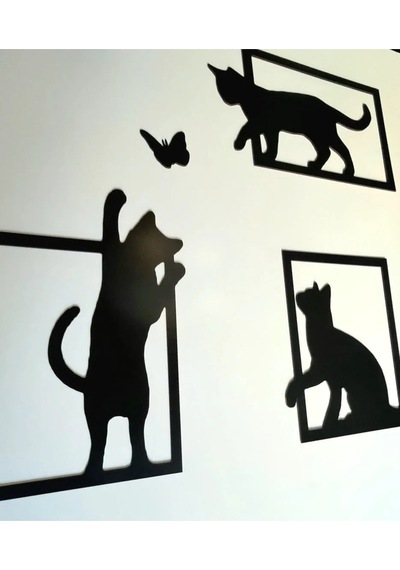 Oyunbaz Kediler 3'lü Dekoratif Duvar Tablosu - Modern Kedi Figürlü Duvar Dekoru