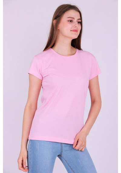 Pembe Renk %100 Pamuk Bisiklet Yaka Basic Baskısız Kadın Örme Kısa Kollu Tshirt 001