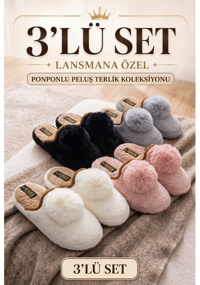 Stwenn 3 Lü Avantajlı Paket Kışlık Peluş Desenli Sessiz Ortopedik Taban Çeyiz Misafir Ev Terliği Set 3'lü Celsi