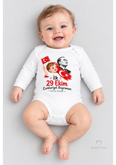 Babyden's İlk 29 Ekim Cumhuriyet Bayramım Baskılı Bebek Çıtçıtlı Body Uzun Kollu %100 Pamuk Unisex Zıbın Badi Beyaz - Kırmızı