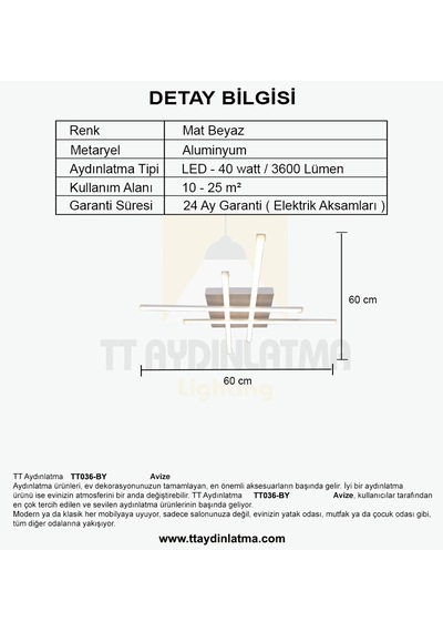 TT036-BY TT Aydınlatma Hashtag Modeli Mat Beyaz (Beyaz Işık) Led Avize Beyaz