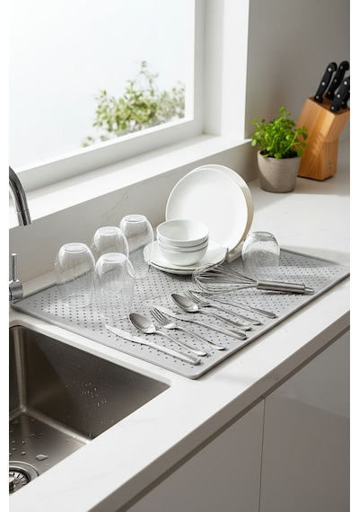 Gri Silikon Bulaşık Kurutma Matı 28,5 X 45 Cm Kaymaz, Su Tutucu, Tezgah Üstü Pratik Bulaşıklık Sil Diğer
