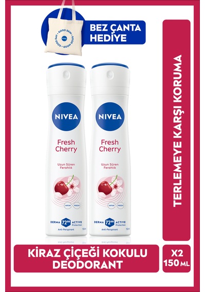 Kadın Sprey Deodorant Fresh Cherry 150ml, Kiraz Çiçeği Kokusu, X2 Adet, Bez Çanta Hediye