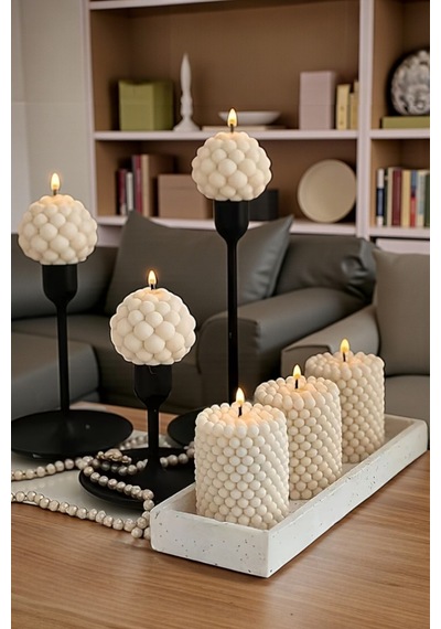 Dekoratif Luxury 6 Lı Bubble Mum Seti Şamdanlar Ve Tabak Dahil Değildir Beyaz