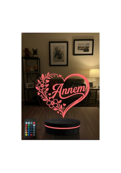 Annem Yazılı 3d Led Gece Lambası Anneler Günü Hediyesi Kalpli Çiçek Desenli Rgb Kumandalı Masa Lambası Çok Renkli