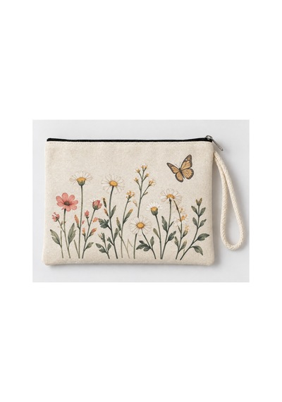 Kelebekli Kır Çiçekleri Baskılı Fermuarlı Makyaj Çantası Bozuk Para Cüzdanı Clutch Model 01288