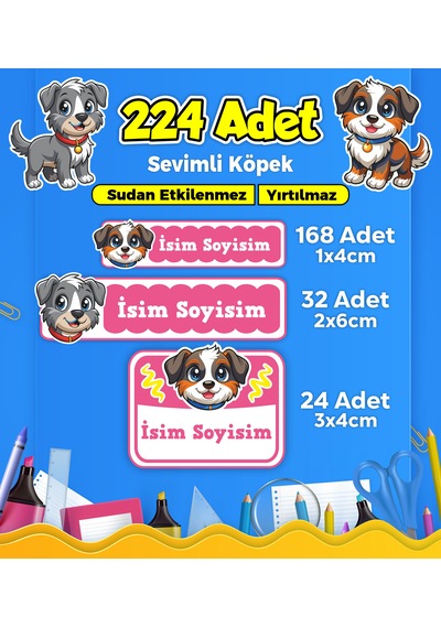 Sevimli Köpek Temalı Okul Kreş Kişiye Özel İsim Etiket Seti - Model 393 Çok Renkli