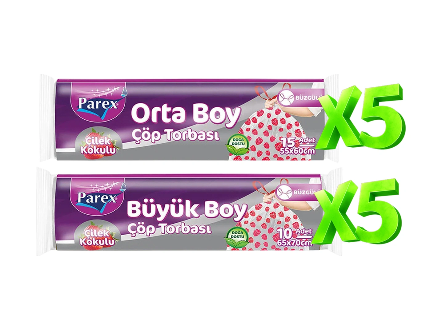 Büzgülü Çöp Torbası Çilek Kokulu 5 Büyük Ve 5 Orta Boy Set