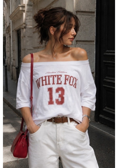 Beyaz Kayık Yaka Oversize Baskılı Tişört Mg2824