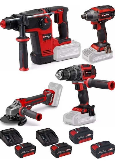 Einhell TP-HD 18/26 + TP-CI 18/220 + TP-CD 18/60 Li + TP-AG 18/125 Ce Q 4x4.0AH Kömürsüz Darbeli Profesyonel Makine Seti