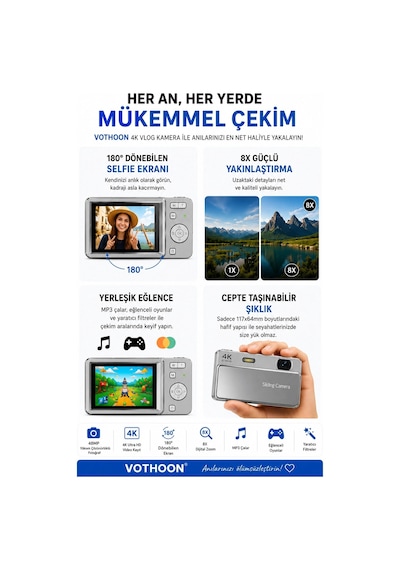 Dijital Kamera 4k Hd 48mp 16x Zoom Flaşlı Kayar Retro Video Kamera 2.8 Ekran 64gb Sd Kart li